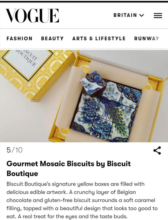 Vogue reviewed Biscuit Boutique as a gourmet mosaic chocolate bonbons and biscuits. The perfect gift for any occasion like Birthdays or Christmas. All of the products are vegan. 