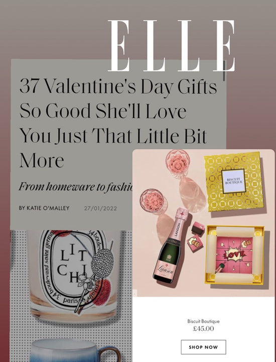 Elle magazine reviewed Biscuit Boutique as a great gifting company featuring Chocolate and Biscuit gifts for any occasion like Birthday, Mother's day, Valentines day, Christmas etc... All the products are vegan!